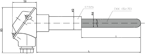  Рис.2. Габаритные размеры термопреобразователей ТПР-401М 008.02 - защитный чехол самосвязывающий карбид кремния СКК (Sic70)