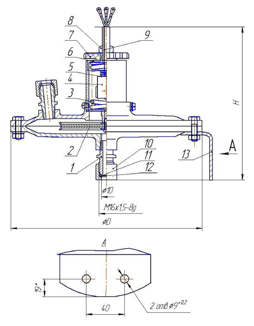 Конструкция и размеры датчика напора и тяги ДНТ-1